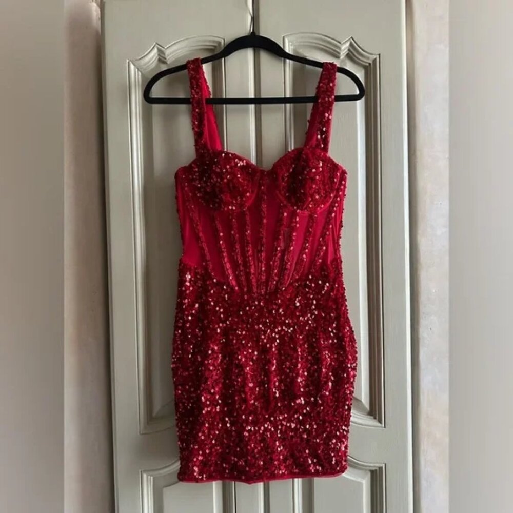 NWT Fashion Nova Red Sequin Dress and Gloves